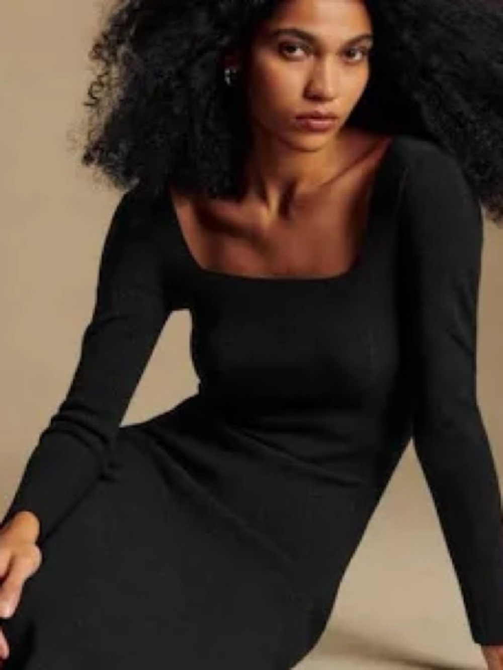 Sezane Rime Black Long-Sleeve Square Neck Knit Dress